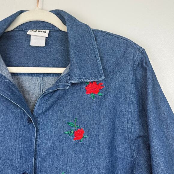 Vintage Bon Worth Chambray Rose Embroidered Shirt Cottagecore M/L 90s - Picture 3 of 9